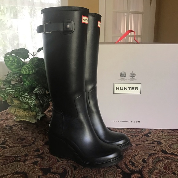 Hunter Original Refined Black Mid Wedge Tall Boots